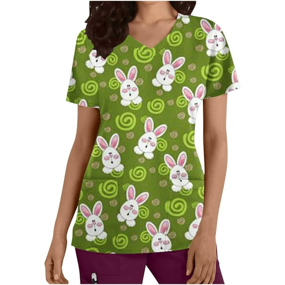 Luxalzxs Easter Women Fashion V-Neck Casual Short Sleeve Scrubs Tops Cute Print Working Uniform Workwear with Pockets