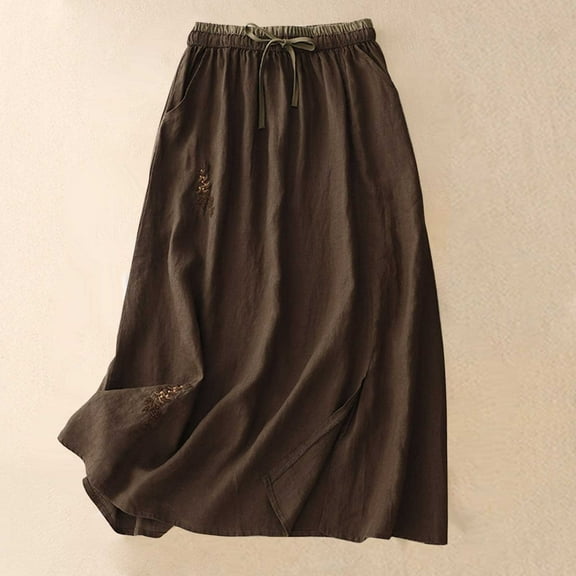 Luxalzxs Embroidery Maxi Skirts for Women Flowy Elastic Waist Boho Midi Length Long Skirt Casual Beach Party Holiday Cotton Linen Skirt with Pockets