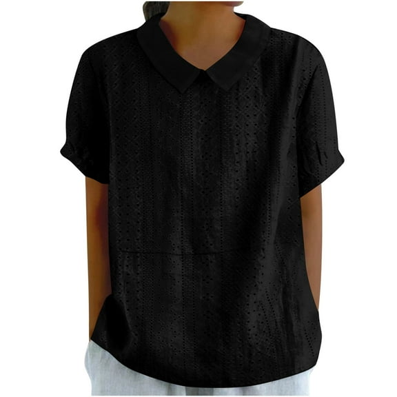 Luxalzxs Eyelet Tops for Women Peter Pan Collar Short Sleeve Solid Color Shirts Summer Casual Loose Going Out Tees Blouse