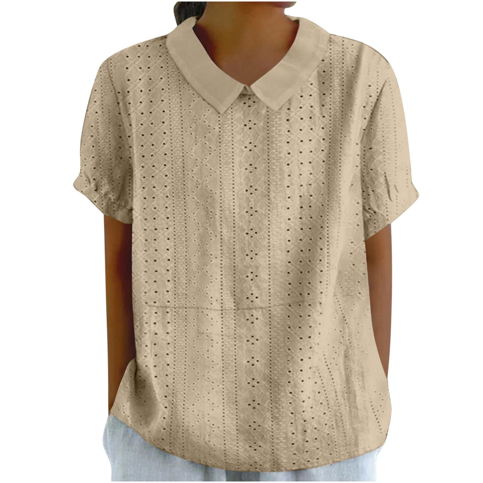 Luxalzxs Eyelet Tops for Women Peter Pan Collar Short Sleeve