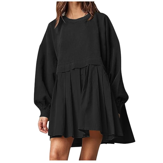 Luxalzxs Fall Dresses for Women Fashion Casual Over Sized Sweatshirt Long Sleeve Dress Round-Neck Ladies Patchwork Mini Dresses