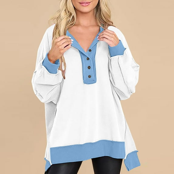 Luxalzxs Fall Sweatshirts for Women Trendy Loose Fit Casual High Low Hem Split Oversized Sweatshirt Long Sleeve Color Block Button Henley Neck Pullover Tunic Tops Outfits