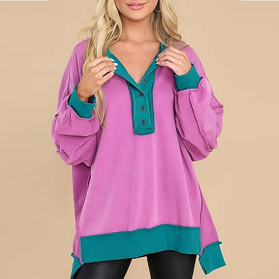 Luxalzxs Fall Sweatshirts for Women Trendy Loose Fit Casual High Low Hem Split Oversized Sweatshirt Long Sleeve Color Block Button Henley Neck Pullover Tunic Tops Outfits