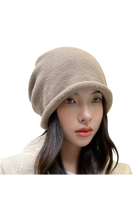 Luxalzxs Fall Winter Women Solid Color Fashion Stacked Hat Bun Head Hat Drawstring Rolled Knit Woolen Hat Skull Cap