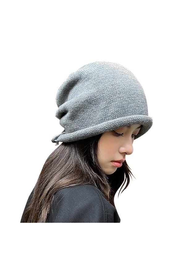 Luxalzxs Fall Winter Women Solid Color Fashion Stacked Hat Bun Head Hat Drawstring Rolled Knit Woolen Hat Skull Cap