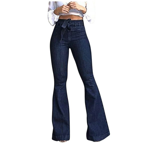Luxalzxs Fashion Ladys High Waisted Lacing Stretch Wide Leg Bell-Bottomed Pants Jeans