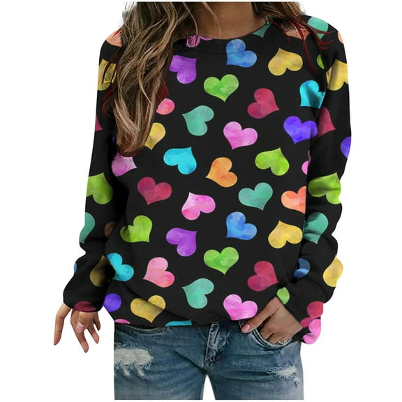 Luxalzxs Fashion Valentines Day Sweatshirts for Women Plus Size Casual Round Neck Tops Love Heart Print Graphic Sweatshirt Pullover Tops Valentines Day Gifts