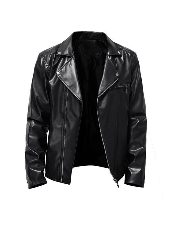 Luxalzxs Faux Leather Jackets for Men Vintage Motorcycle Lapel Asymmetric Zip-Up Slim Fit Biker Coat PU Leather Outwear Coat Bomber Jacket