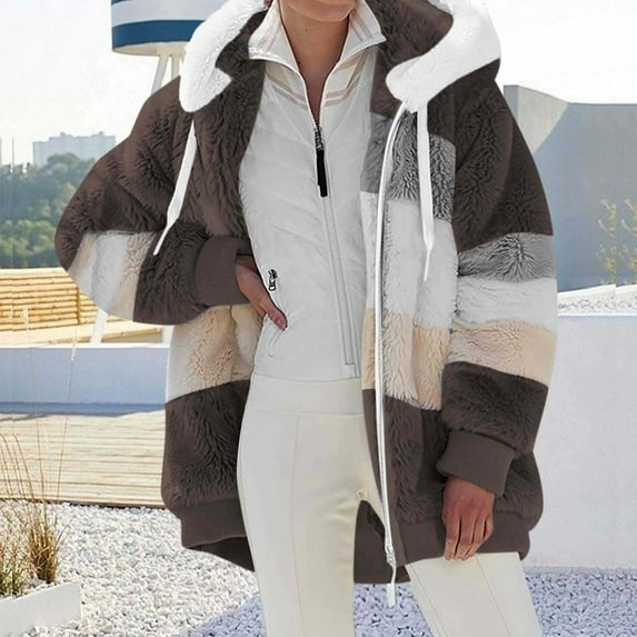 Luxalzxs Fleece Jacket Women Fashion Color Block Faux Shearling Coat Oversized Warm Hooded Zip Up Fuzzy Winter Jacket with Pockets