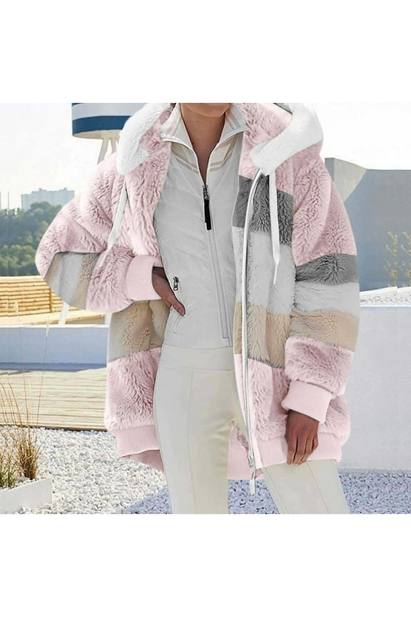 Luxalzxs Fleece Jacket Women Fashion Color Block Faux Shearling Coat Oversized Warm Hooded Zip Up Fuzzy Winter Jacket with Pockets