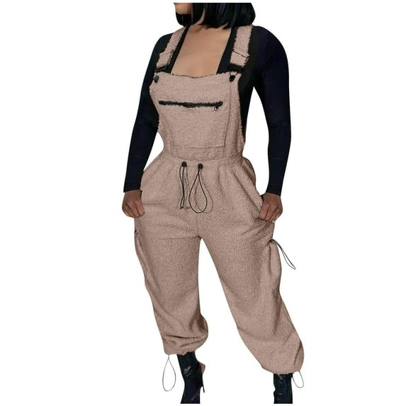 Luxalzxs Fleece Overalls for Women Loose Fit Winter Warm Fuzzy One Piece Jumpsuits with Pocket Fluffy Snow Bibs Adjustable Strap Snowsuit