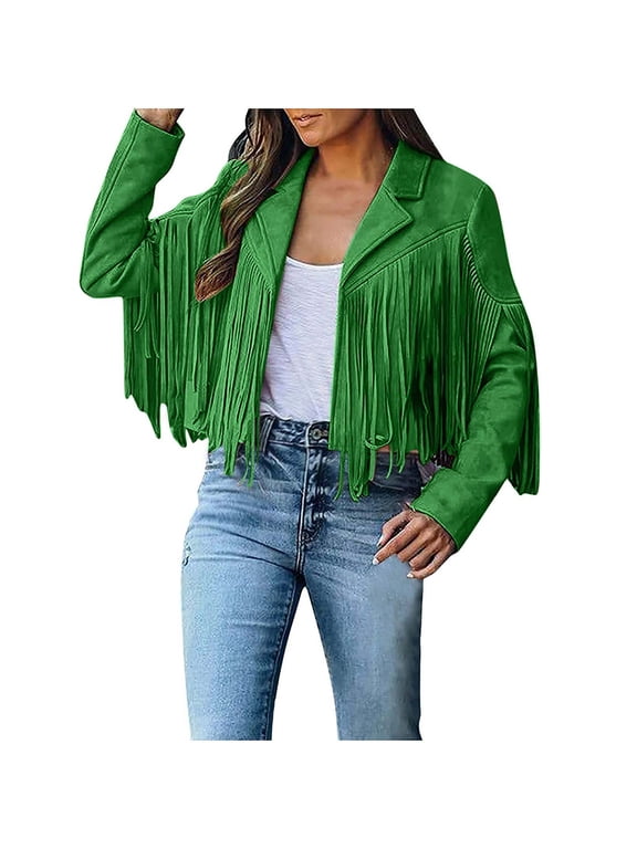 Luxalzxs Fringe Jacket for Women Cowgirl Faux Suede Leather Jacket Cowboy Style Coat Long Sleeve Tassels Cardigan Cropped Coat