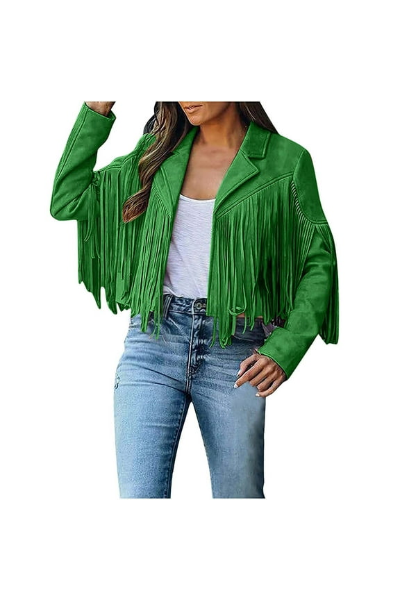 Luxalzxs Fringe Jacket for Women Cowgirl Faux Suede Leather Jacket Cowboy Style Coat Long Sleeve Tassels Cardigan Cropped Coat