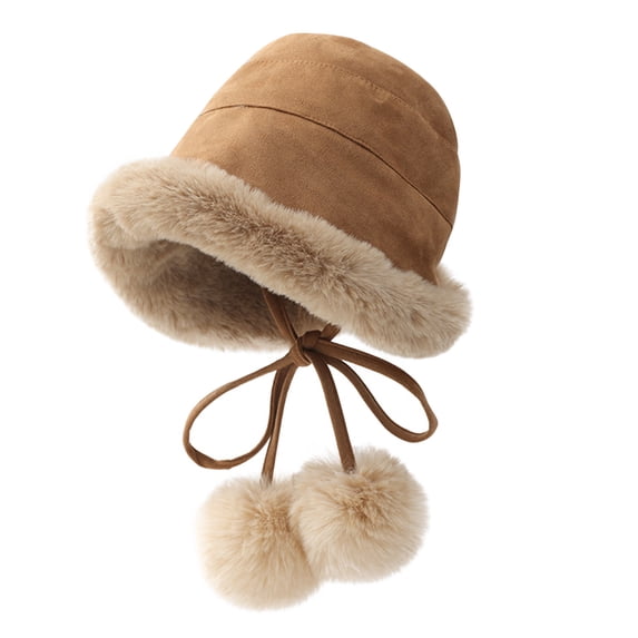 Luxalzxs Furry Bucket Hat for Women, Winter Warm Plus Velvet Thickened Solid Color Fisherman Hat with Pompom