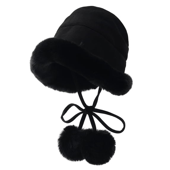 Luxalzxs Furry Bucket Hat for Women, Winter Warm Plus Velvet Thickened Solid Color Fisherman Hat with Pompom