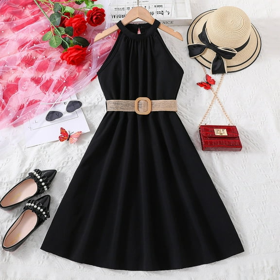 Luxalzxs Girl Dresses Size 10-12 Halter Neck Solid Color Casual Dress with Belt, Summer Elegant High Waist Midi A-Line Swing Party Dresses