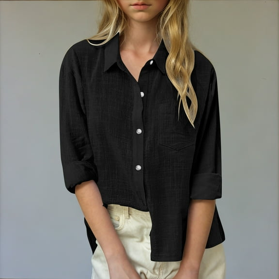 Luxalzxs Girls Cotton Linen Button Down Shirt Summer Spring Casual Solid Color Loose Fit Breathable Roll Up Sleeve Shirt 5-14 Years