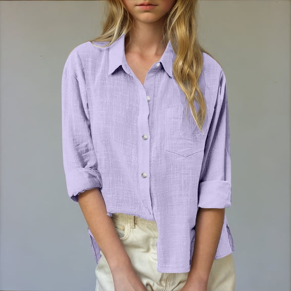 Luxalzxs Girls Cotton Linen Button Down Shirt Summer Spring Casual Solid Color Loose Fit Breathable Roll Up Sleeve Shirt 5-14 Years