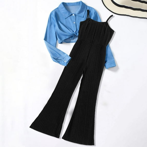 Luxalzxs Girls Fashion Causal Fall Outfits Long Sleeve T-Shirt + Wide Leg Pants 2 Pcs Sets Romper Clothes Set Jumpsuits Outfit 2 Piece Outfits 6-13 Years