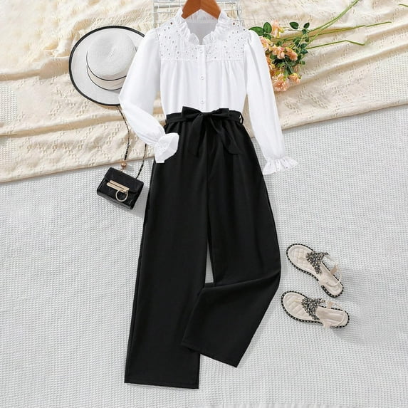 Luxalzxs Girls Fashion Causal Fall Outfits Long Sleeve T-Shirt + Wide Leg Pants 2 Pcs Sets Romper Clothes Set Jumpsuits Outfit 2 Piece Outfits 6-13 Years