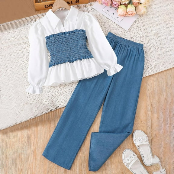 Luxalzxs Girls Fashion Causal Fall Outfits Long Sleeve T-Shirt + Wide Leg Pants 2 Pcs Sets Romper Clothes Set Jumpsuits Outfit 2 Piece Outfits 6-13 Years