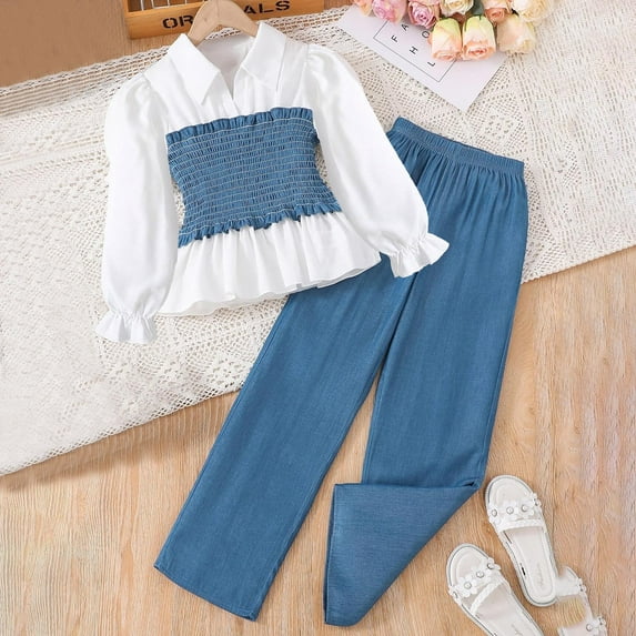 Luxalzxs Girls Fashion Causal Fall Outfits Long Sleeve T-Shirt + Wide Leg Pants 2 Pcs Sets Romper Clothes Set Jumpsuits Outfit 2 Piece Outfits 6-13 Years