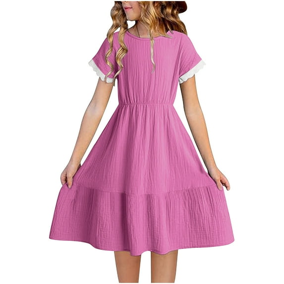Luxalzxs Girls Lace Trim Short Sleeve Dresses Summer Casual Solid Color Crew Neck Pleated A-Line Tiered Ruffle Hem Semi Formal Midi Dress 4-14 Years
