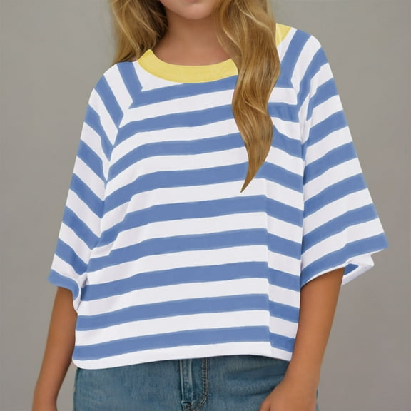 Luxalzxs Girls Oversized Casual Striped Tops Raglan Short Sleeve Summer Crewneck T-Shirts Loose Colorblock Cute Blouse Basic Tee 3-12Y