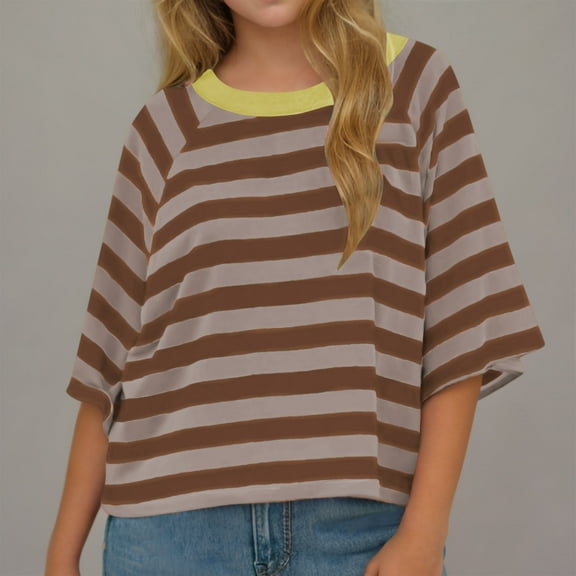 Luxalzxs Girls Oversized Casual Striped Tops Raglan Short Sleeve Summer Crewneck T-Shirts Loose Colorblock Cute Blouse Basic Tee 3-12Y