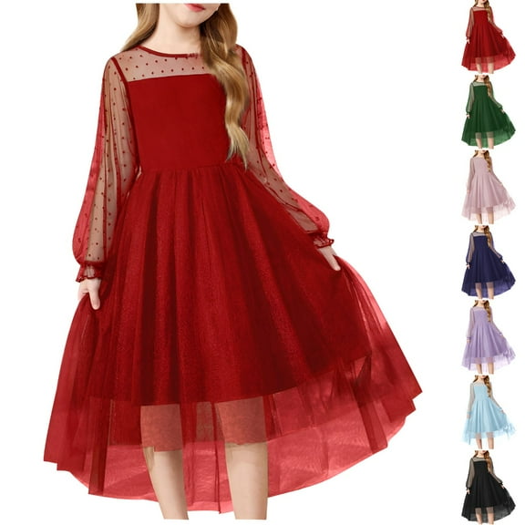 Luxalzxs Girls Party Dress Mesh Long Sleeve Twirly High Low Hem Birthday Wedding Formal Princess Dress Round Neck Flowy A Line Tulle Dress Performance Dress for 3-12 Years