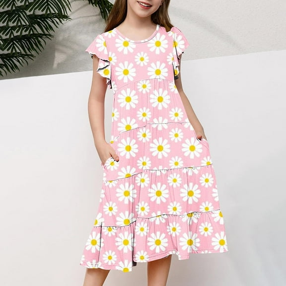 Luxalzxs Girls Summer Boho Sun Dress Ruffle Sleeve Casual Flowy Print Dresses Tiered Swing Twirly Smocked Sundress for Girls 6-15