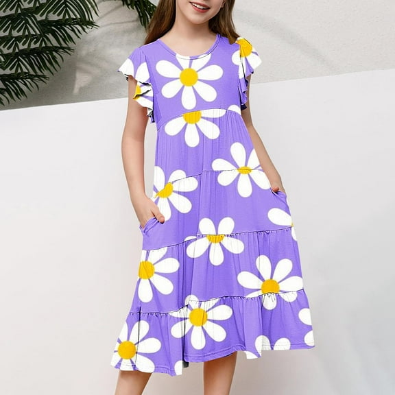 Luxalzxs Girls Summer Boho Sun Dress Ruffle Sleeve Casual Flowy Print Dresses Tiered Swing Twirly Smocked Sundress for Girls 6-15