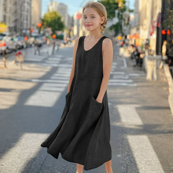 Luxalzxs Girls Summer Dress Trendy Casual Linen Sleeveless Crewneck Tank Dress Midi Sundresses Vacation Beach Swing Dress with Pockets 5-16 Years