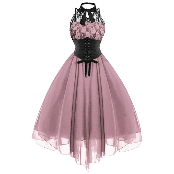 Luxalzxs Gothic Dress for Women Sexy Lace Mesh Cocktail Dress with Corset Halter Formal Vintage Gown Halloween Swing Steampunk Dress