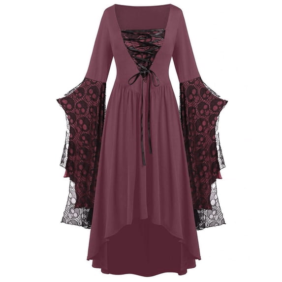 Luxalzxs Gothic Dresses for Women Long Sleeve Vintage Witch Dress Plus Size Bell Sleeve Medieval Renaissance Gown Halloween Dress
