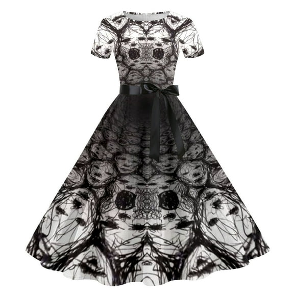 Luxalzxs Halloween Cocktail Dresses for Women Vintage Elegant Graphic Print Short Sleeve Round Neck Knee Length Dress A-Line Swing Dress Party Dress