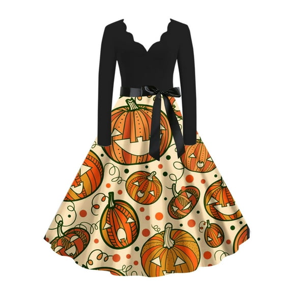 Luxalzxs Halloween Dress for Women 1950s Vintage Classic Printed Long Sleeve V Neck Swing Dress Tea Party Dress Evening Prom Hepburn Dresses with Belt
