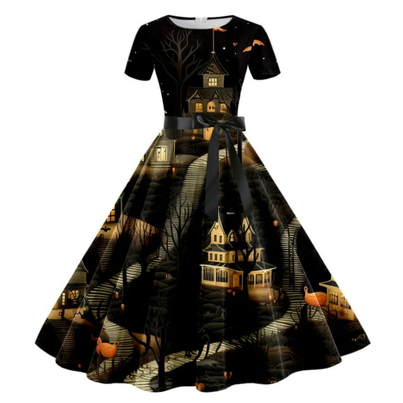 Luxalzxs Halloween Dresses for Women A Line Swing Dress Short Sleeve Classic Tea Dress 1950s Retro Print Cocktail Dress Evening Party Costume