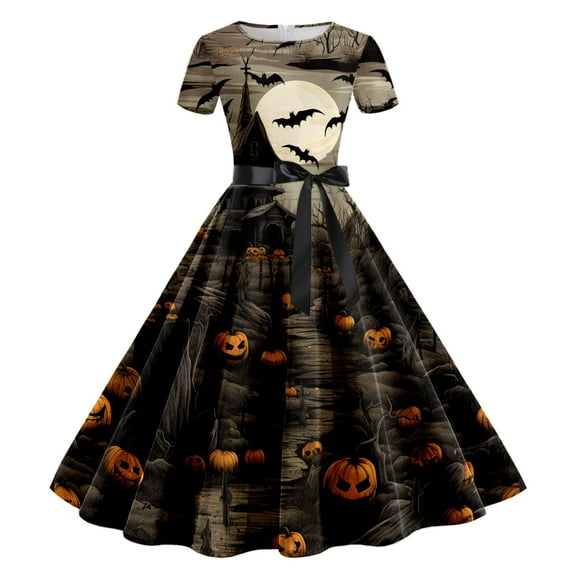 Luxalzxs Halloween Dresses for Women A Line Swing Dress Short Sleeve Classic Tea Dress 1950s Retro Print Cocktail Dress Evening Party Costume