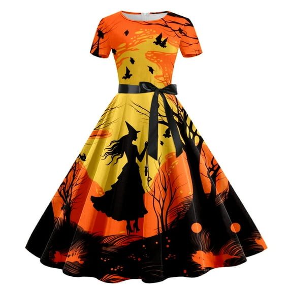 Luxalzxs Halloween Dresses for Women A Line Swing Dress Short Sleeve Classic Tea Dress 1950s Retro Print Cocktail Dress Evening Party Costume