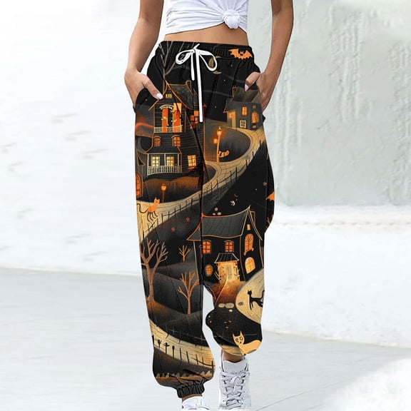 Luxalzxs Halloween Sweatpants for Women Funny Pumpkin Print Workout Joggers Baggy Cinch Bottom Pants Drawstring Elastic Waist Lounge Trousers with Pockets