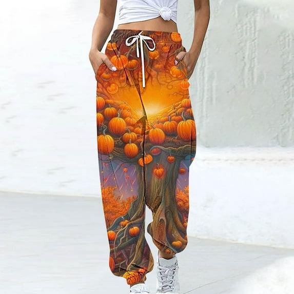 Luxalzxs Halloween Sweatpants for Women Funny Pumpkin Print Workout Joggers Baggy Cinch Bottom Pants Drawstring Elastic Waist Lounge Trousers with Pockets