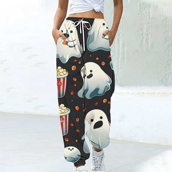 Luxalzxs Halloween Sweatpants for Women Funny Pumpkin Print Workout Joggers Baggy Cinch Bottom Pants Drawstring Elastic Waist Lounge Trousers with Pockets