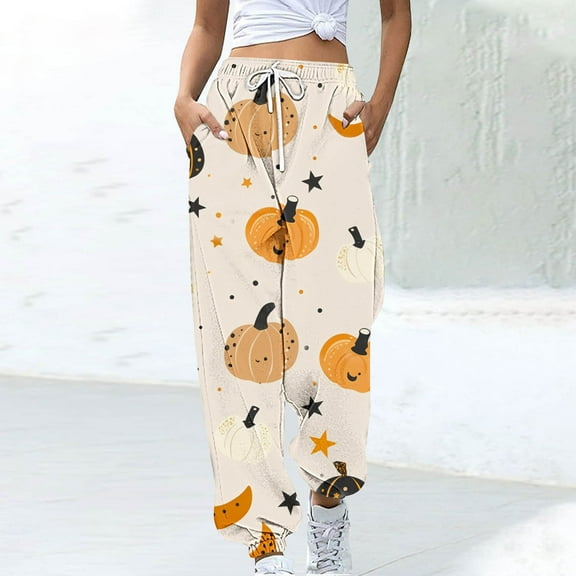 Luxalzxs Halloween Sweatpants for Women Funny Pumpkin Print Workout Joggers Baggy Cinch Bottom Pants Drawstring Elastic Waist Lounge Trousers with Pockets