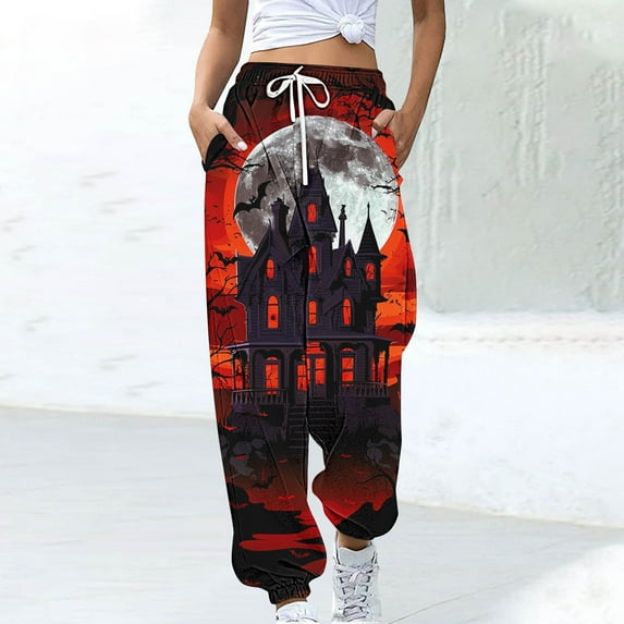 Luxalzxs Halloween Sweatpants for Women Funny Pumpkin Print Workout Joggers Baggy Cinch Bottom Pants Drawstring Elastic Waist Lounge Trousers with Pockets