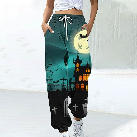 Luxalzxs Halloween Sweatpants for Women Funny Pumpkin Print Workout Joggers Baggy Cinch Bottom Pants Drawstring Elastic Waist Lounge Trousers with Pockets