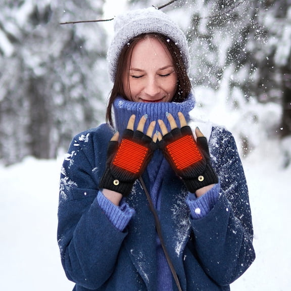 Luxalzxs Heated Gloves for Women Men Winter Warm Flap Fingerless Knit Gloves USB Rechargeable Heated Gloves
