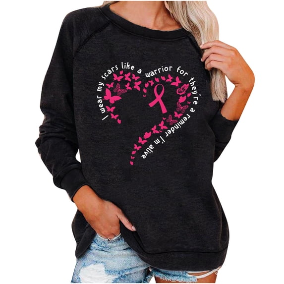 Luxalzxs I Wear My Scars Like a Warrior for They're a Reminder Im Alive Letter Print Pink Ribbon Breast Cancer Awareness Sweatshirt Cancer Fight Shirt