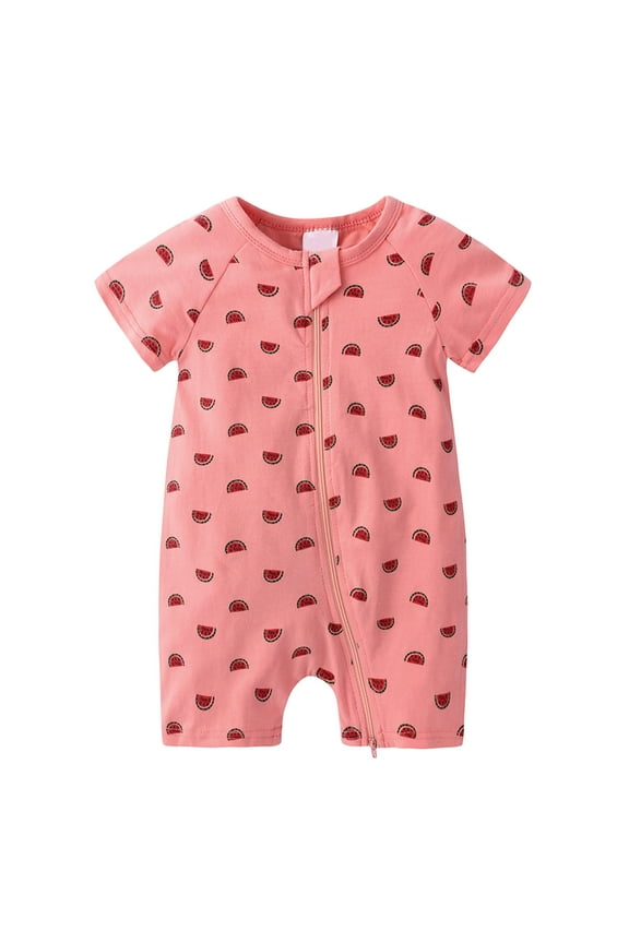 Infant Toddler Baby Boys Girls Cotton Cute Cartoon Animal Pattern Short Sleeve Double Zipper Pajamas Bodysuit Romper Jumpsuit Summer Outfits 3 Months-3 Years