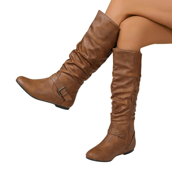 Luxalzxs Knee High Boots Women Fashion Retro Long Boots Belt Buckle Side Zipper Round Toe Boots